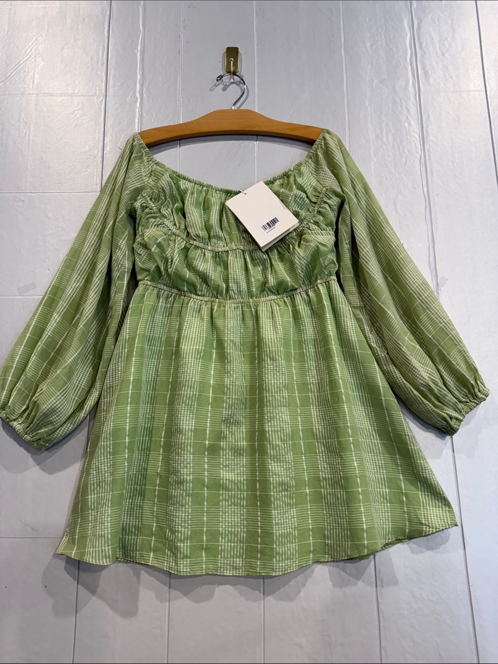 Sabo NWT Leto Off Shoulder Green Plaid Smocked Mini Dress with Puff Sleeves Sz 8